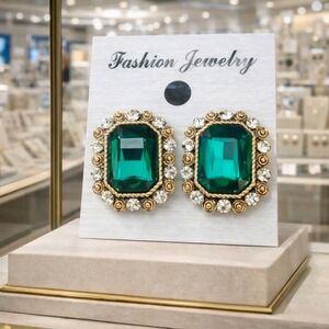 Gold green and Crystal earrings